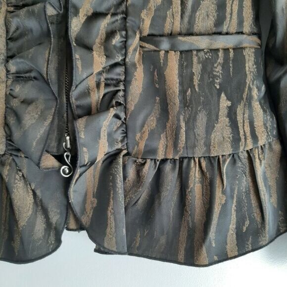 SAMUEL DONG Ruffle Front & Hem Zip-Up Front Blazer Black & Brown Abstract Sz XXS - Picture 5 of 16
